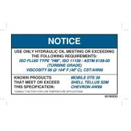 Hydraulic Oil Specs Notice Label