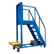 Combines a ladder, work platform, and material lift into a single unit, eliminating risk while accessing high shelves