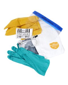 (1) Disposable face shield, (1) Safety glasses, (1) Nitrile gloves, (1) Chemical coverall, (1) Disposable Apron, (1) Latex Over boots.