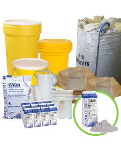 Super Sorbent is for use on oils, acids (except hydrofluoric  acid or HF compounds), bases, chemicals, and toxic liquids