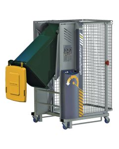 The Dockmaster bin dumper was designed to safely tip bins and drums from a raised loading dock in seconds