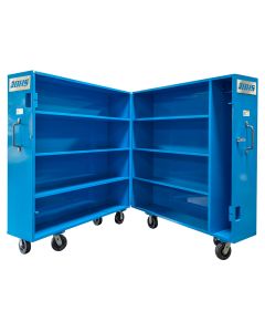 Unit opens outward from central hinge helping you minimize your warehouse footprint with “clamshell” functionality.  
