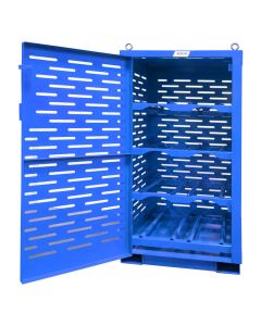 “Cradle” style racks have a rearward slope to ensure tanks do not shift against the door during transport.