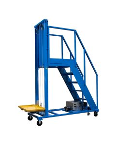 Combines a ladder, work platform, and material lift into a single unit, eliminating risk while accessing high shelves